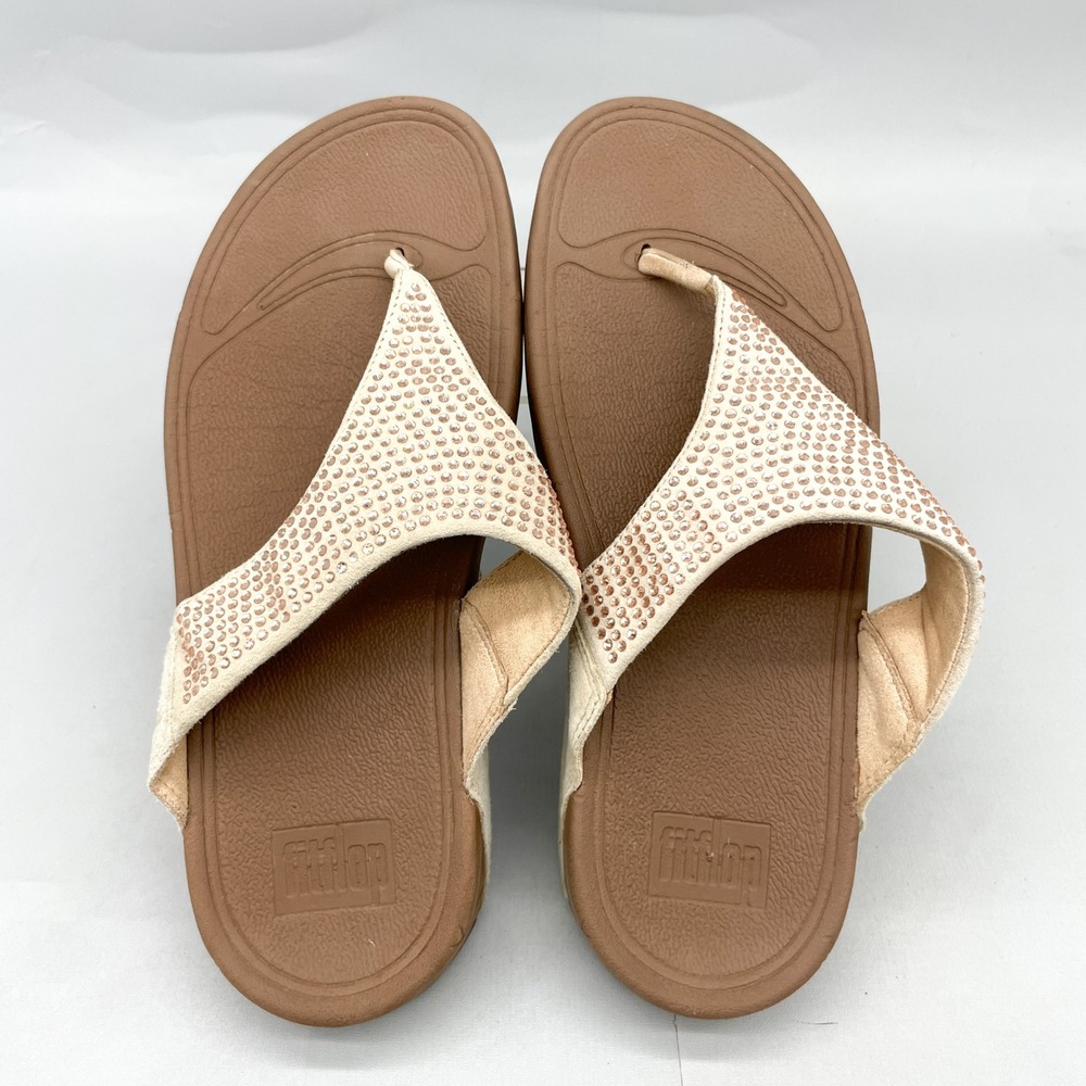 FitFlop Womens 8 Lulu Crystal Embellished Suede Sandals Beige Tan Thong Comfort - Picture 7 of 12